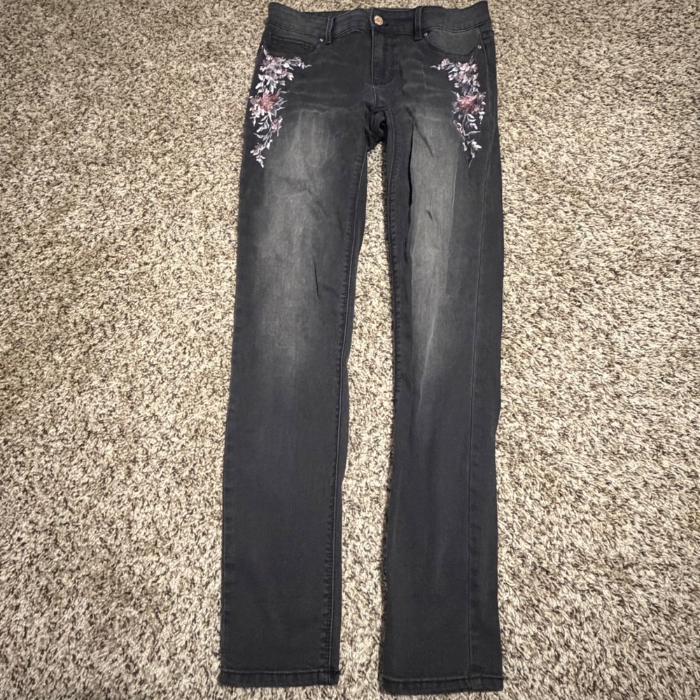 White House Black Market The Jegging Faded Black Floral Embroidered Jeans Sz 4